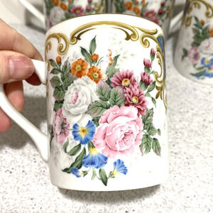 Vintage Andrea By Sadek Mugs Set of 4 Victorian Floral Pink & White Ceramic
